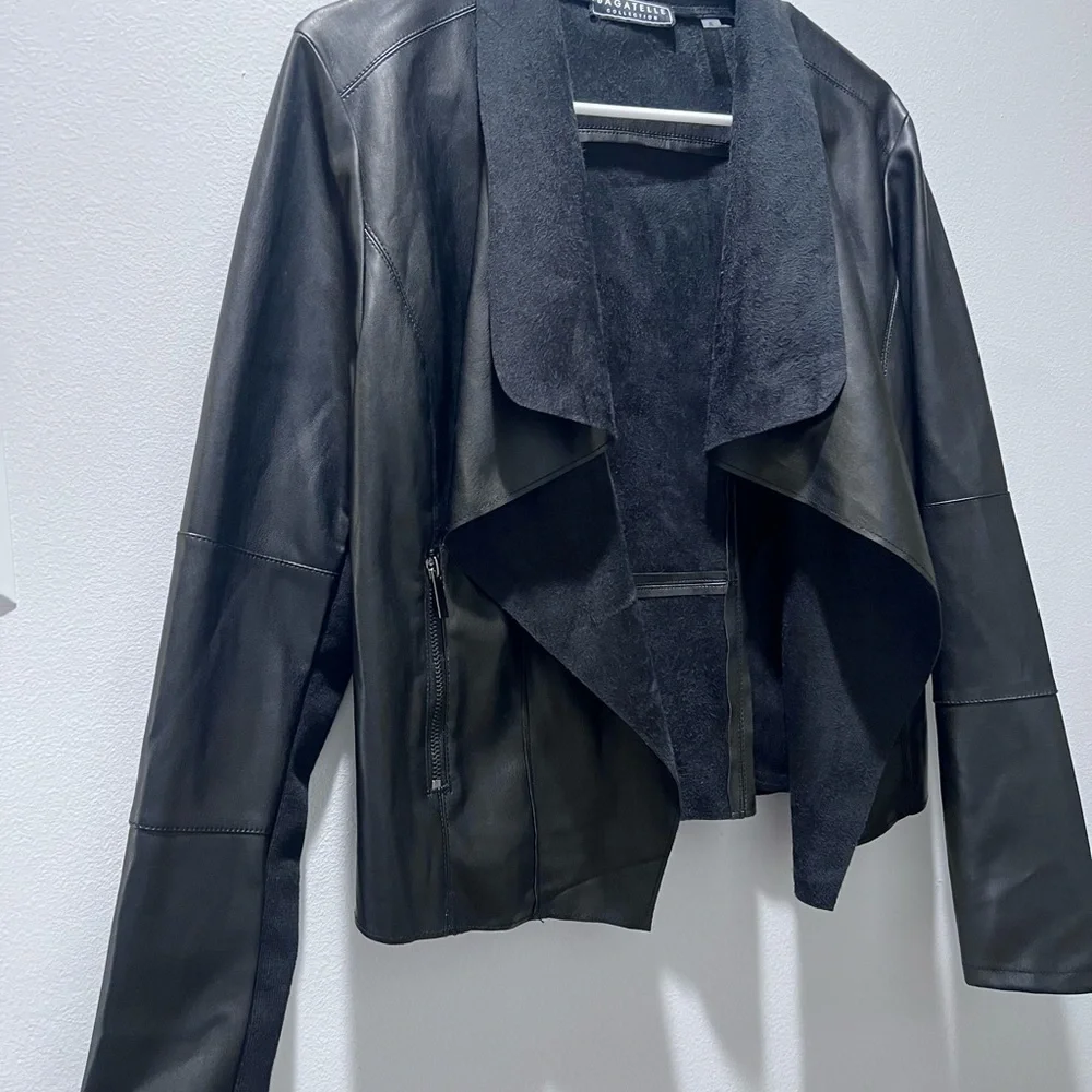 Faux Leather Sophisticated Black Draped Blazer